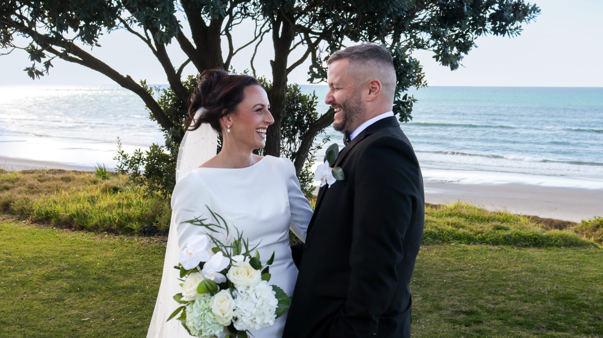 Husband and wife natural smiles